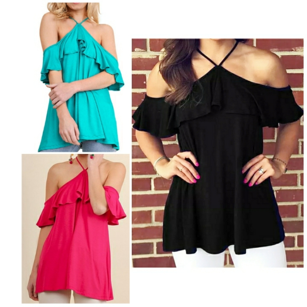 JC Fits Pink Ruffle Cold Off Shoulder Halter Top 3X